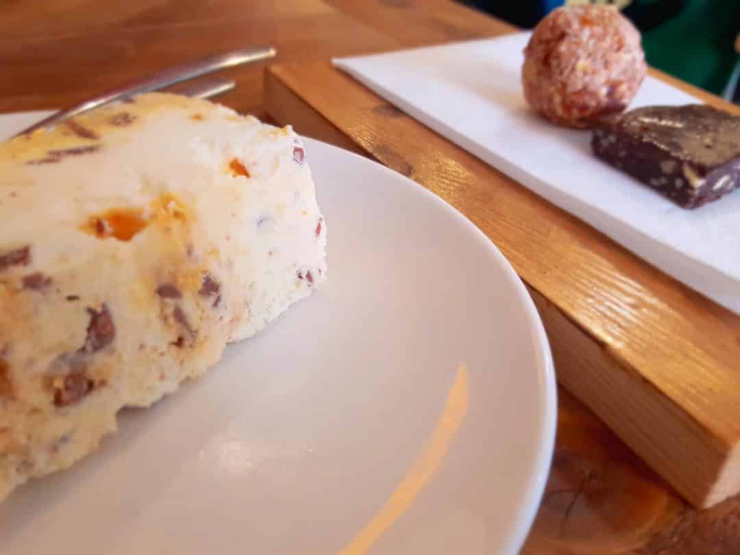 Homemade honeycomb ice cream and date brownie and strawberry coconut almond ball Danny's Kitchen & Deli